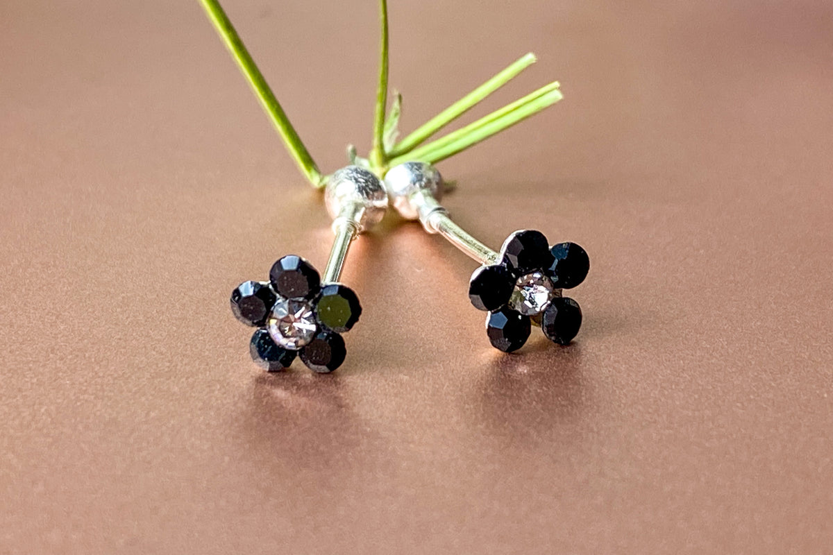 5mm Black Flower Earrings cz , 925 Sterling Silver