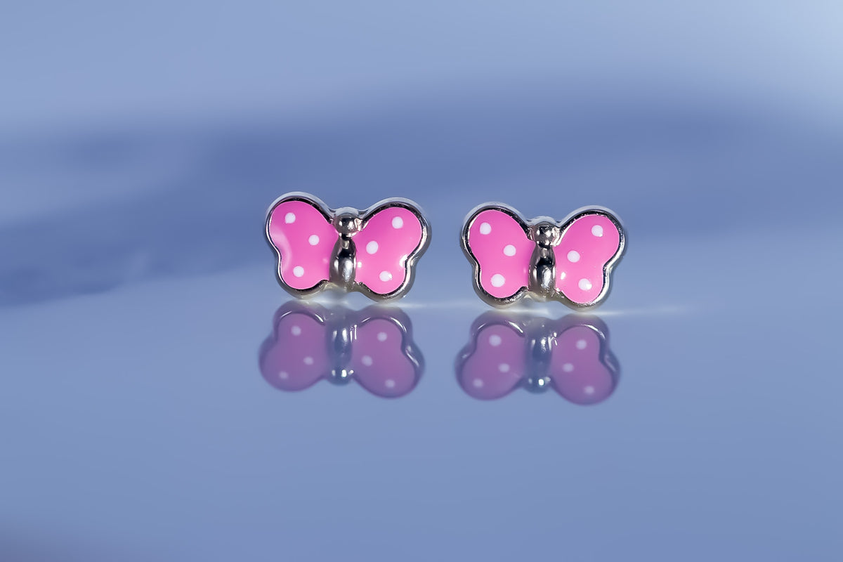 Pink Butterfly studs, 14K Solid Yellow Gold Earrings