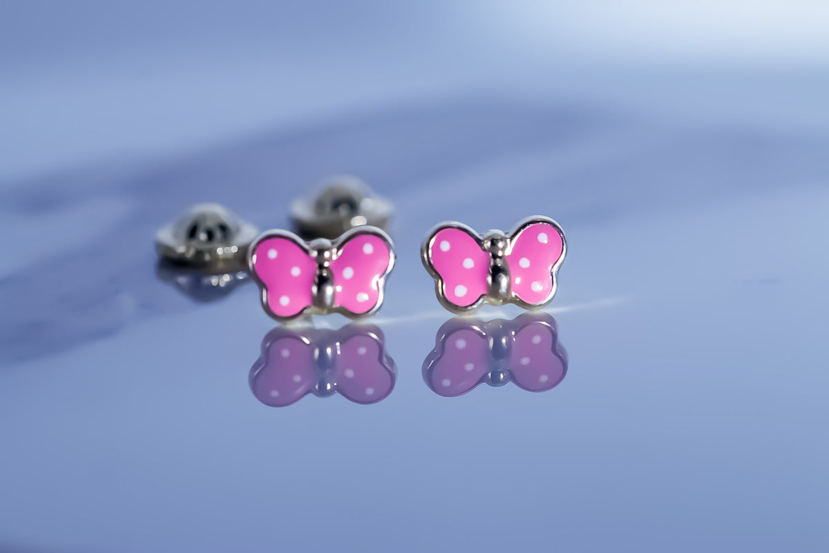 Pink Butterfly studs, 14K Solid Yellow Gold Earrings