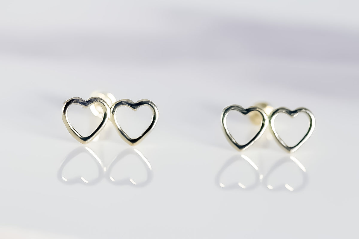 Double Heart Earrings, 14k Solid Yellow Gold