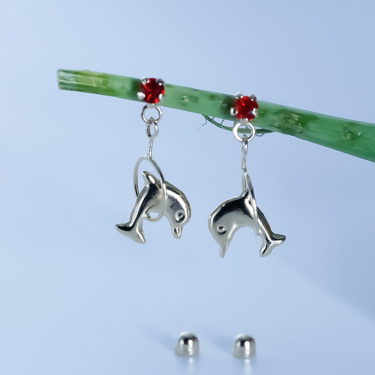 Dolphin Earrings with red cz, 14k Solid Yellow Gold