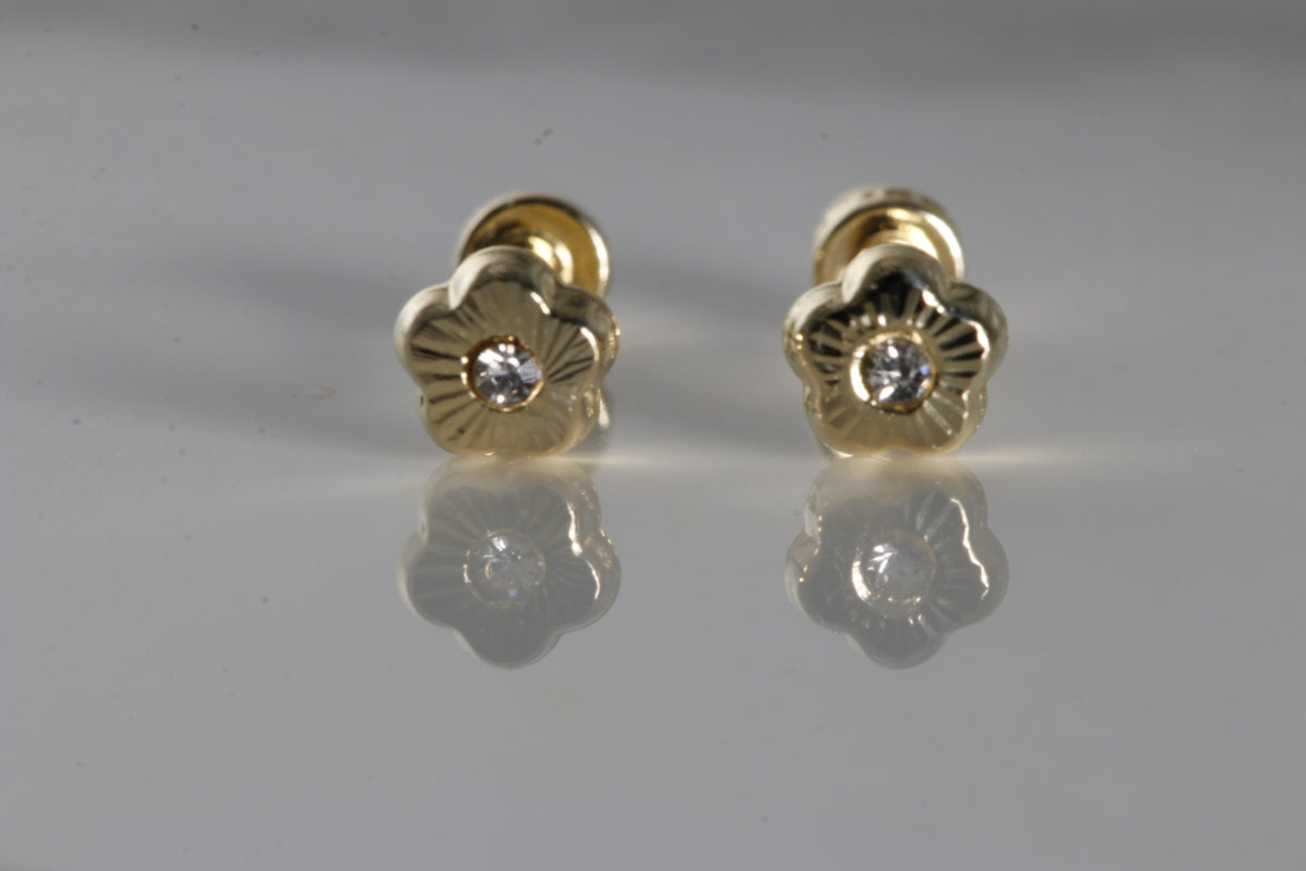 Flower Earrings cz, 14K Solid Yellow Gold