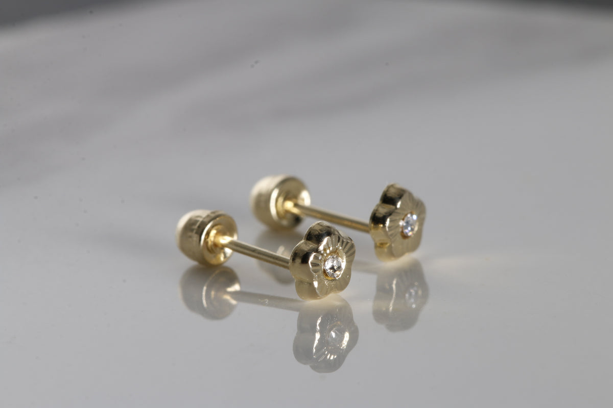 Flower Earrings cz, 14K Solid Yellow Gold