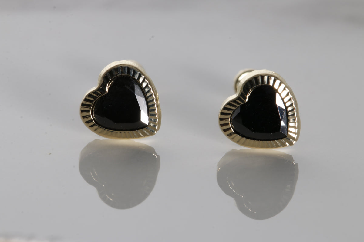 Heart Earrings with black cz, 14K Solid Yellow Gold