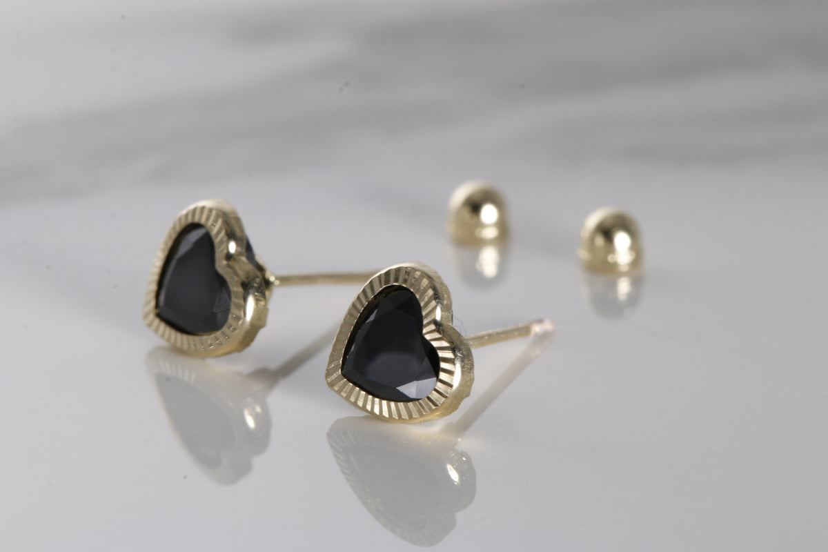 Heart Earrings with black cz, 14K Solid Yellow Gold