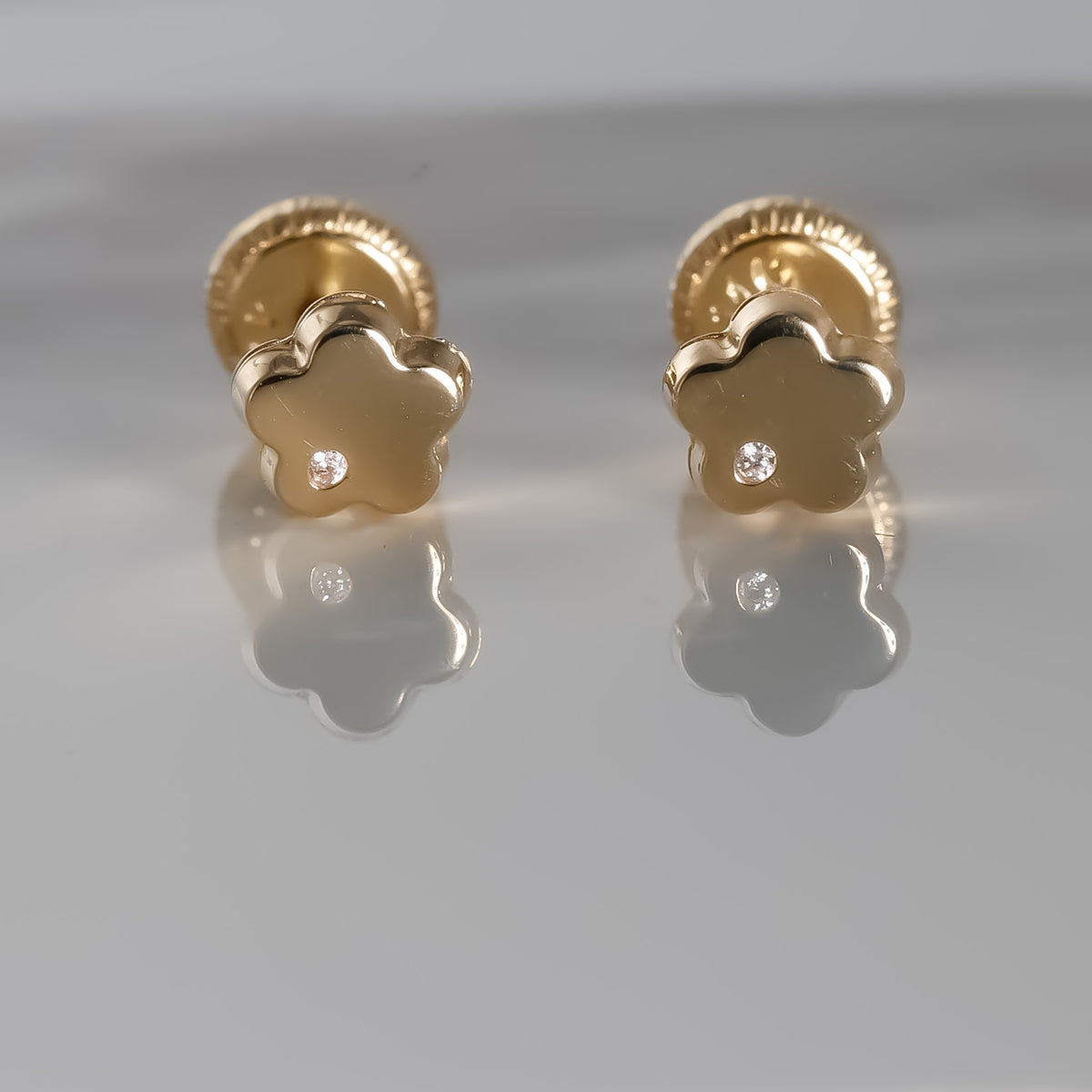 Flower Earrings cz, 14k Solid Yellow Gold