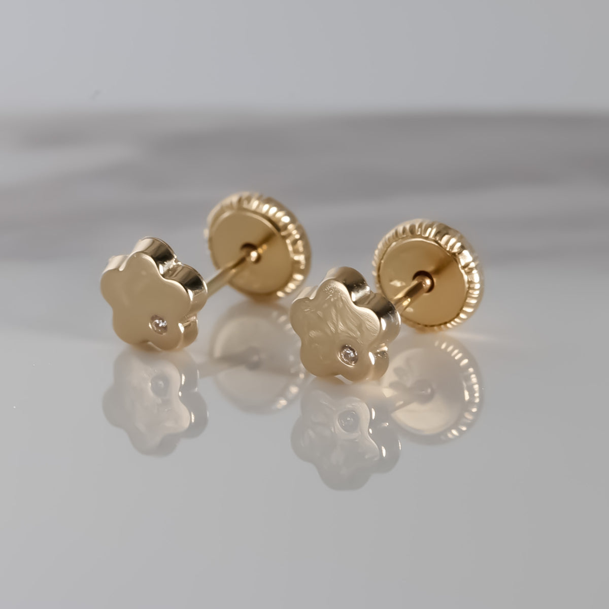 Flower Earrings cz, 14k Solid Yellow Gold