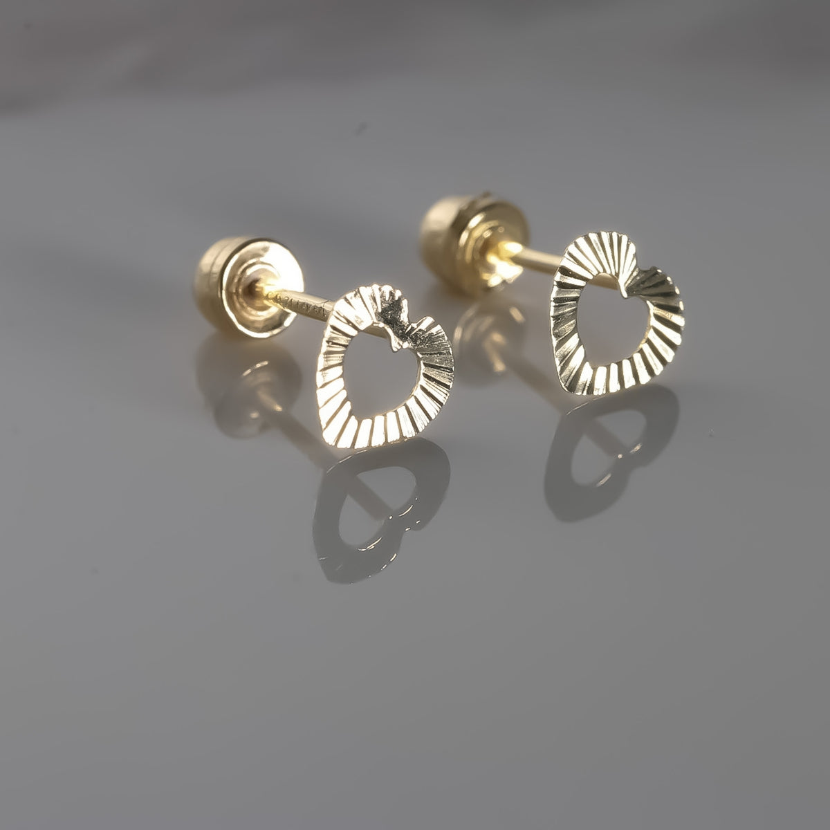 Diamond cut Heart Studs, 14K Solid Yellow Gold Earrings