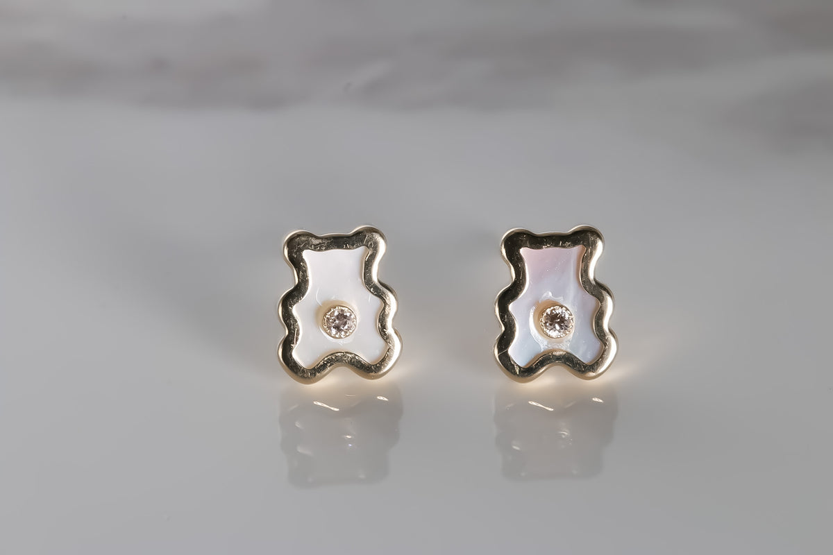 Bear Earrings cz, 14k Solid Yellow Gold