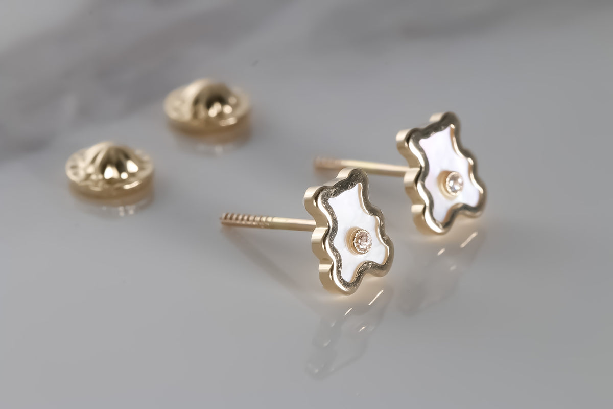 Bear Earrings cz, 14k Solid Yellow Gold