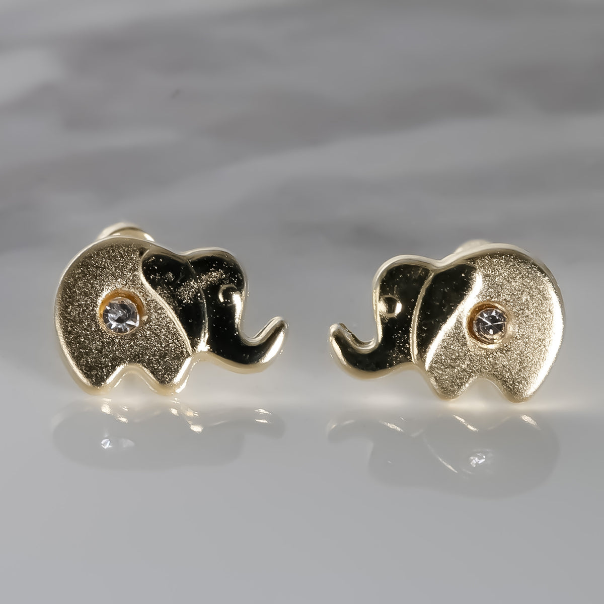 Elephant Earrings cz, 14k Solid Yellow Gold