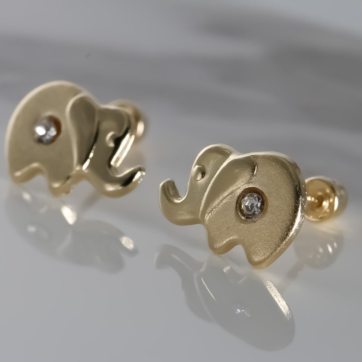 Elephant Earrings cz, 14k Solid Yellow Gold