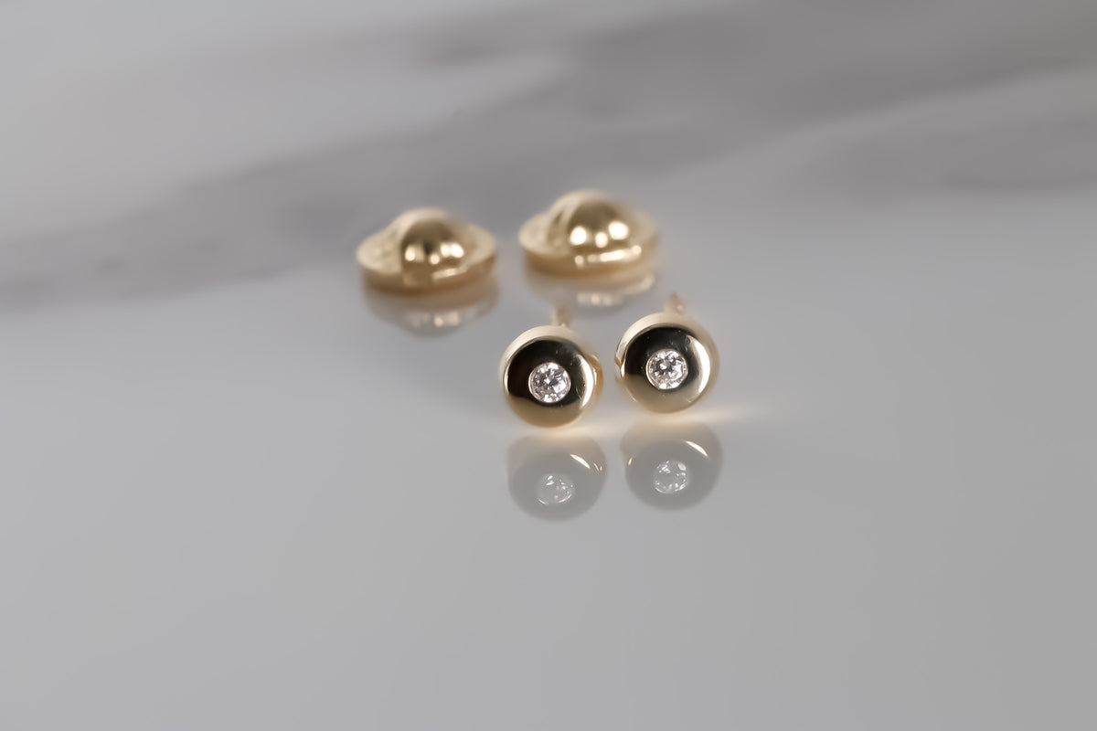 Round 3.5mm Studs cz center, 14K Solid Yellow Gold Earrings