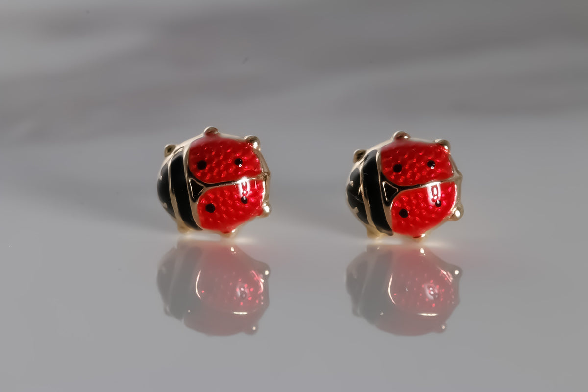 Lady Bug Earrings 5mm, 14k Solid Yellow Gold