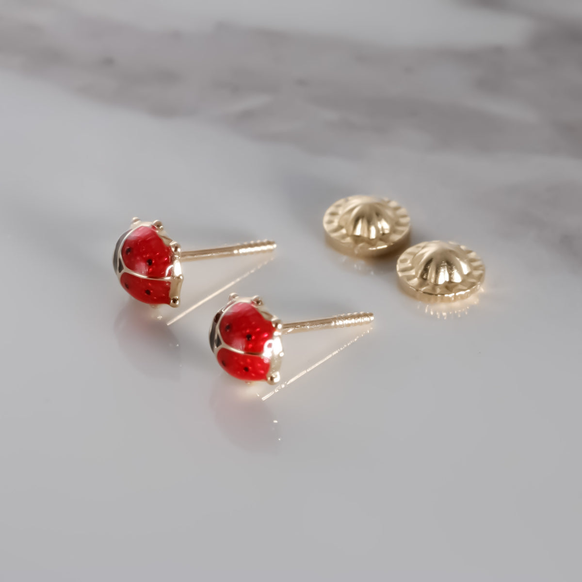 Lady Bug Earrings 5mm, 14k Solid Yellow Gold