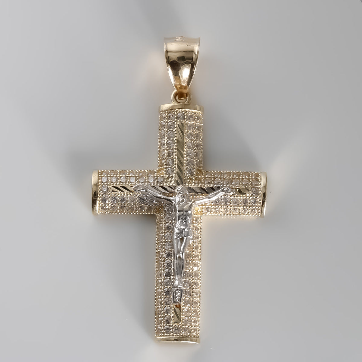 Crucifix Pendant cz, 14K Solid Yellow and White Gold