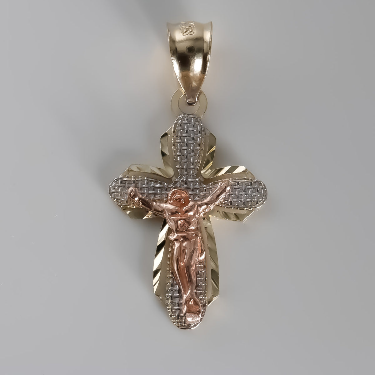 Tri-color Crucifix Pendant, 14k Solid Gold