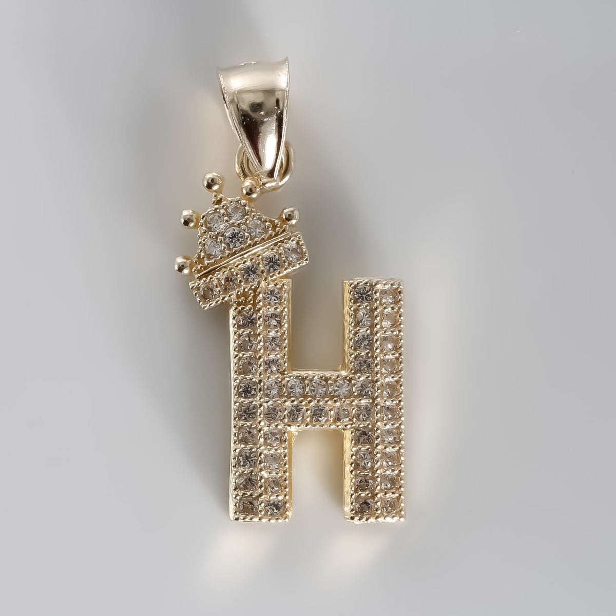 Letter H with Crown Pendant cz,  14K Solid Yellow Gold