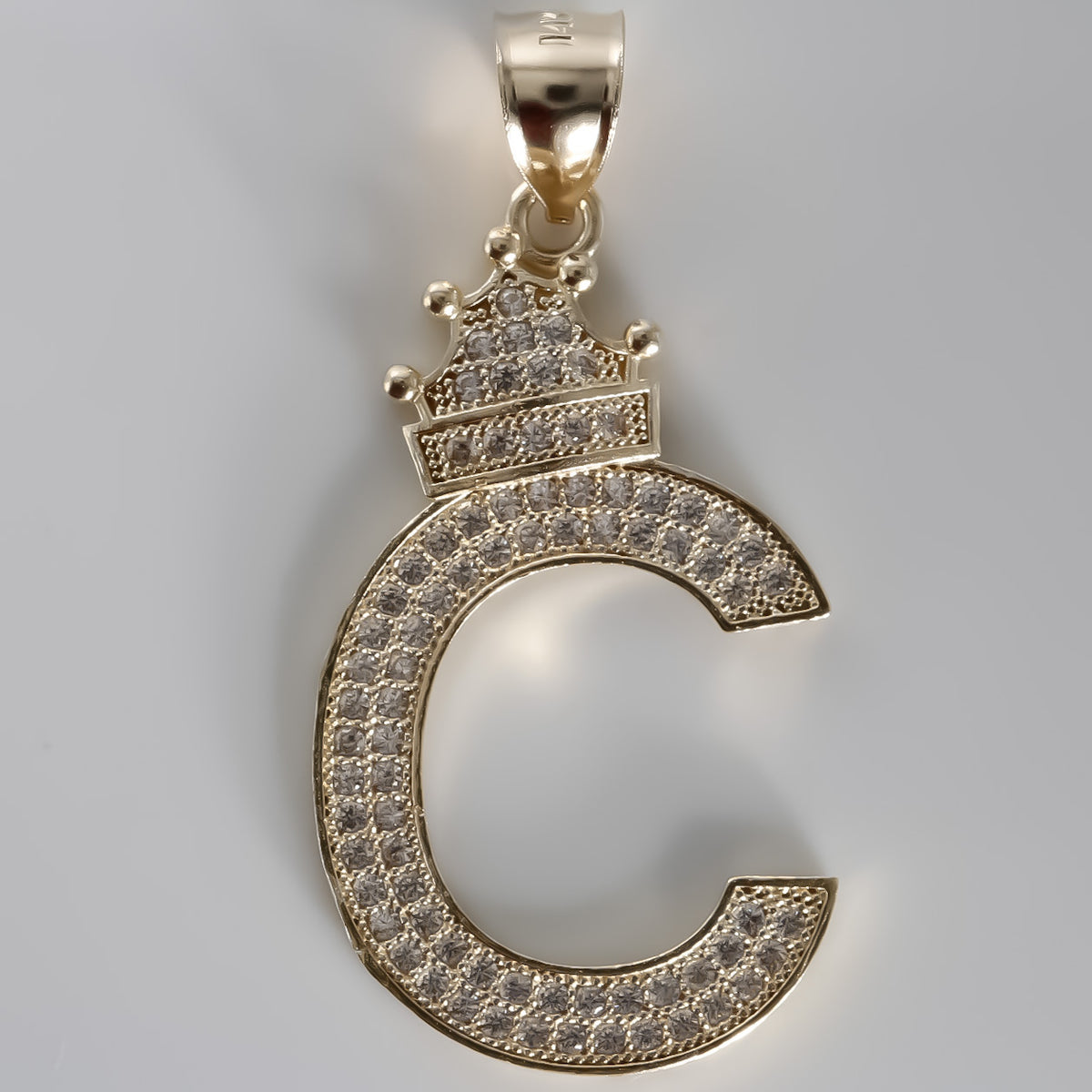 Letter C with crown Pendant, 14K Solid Yellow Gold