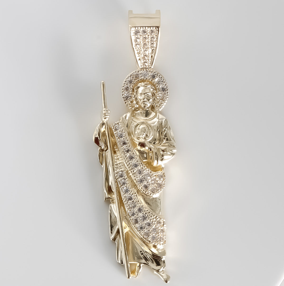 Divine Brillance: San Judas Pendant cz, 14K Solid Yellow Gold