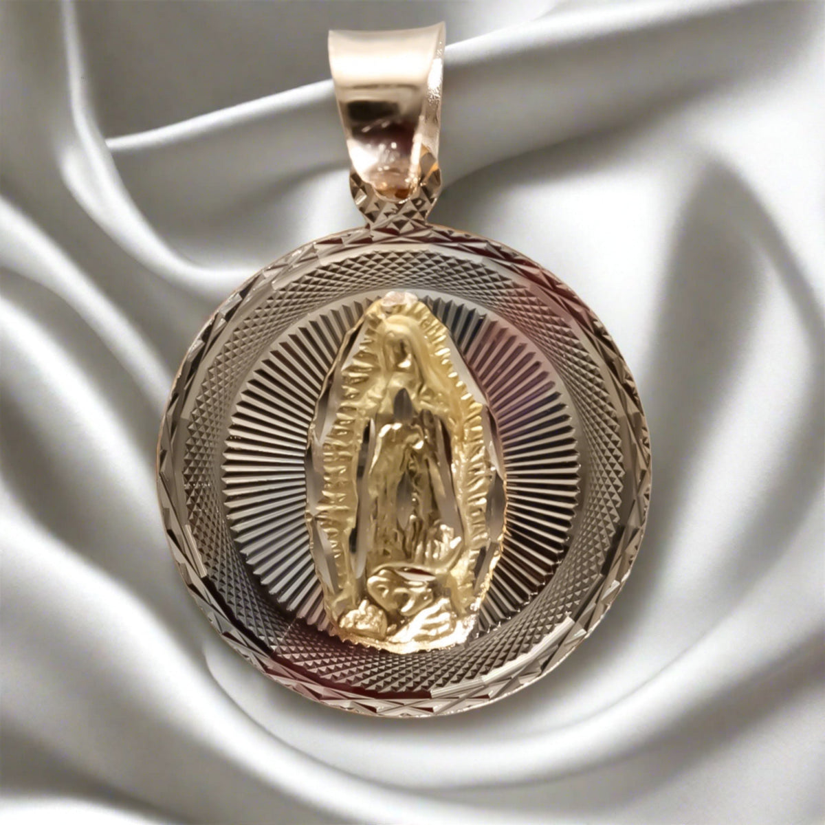 Jesus and Virgin double sided Pendant. 14K Solid Tri-color Gold