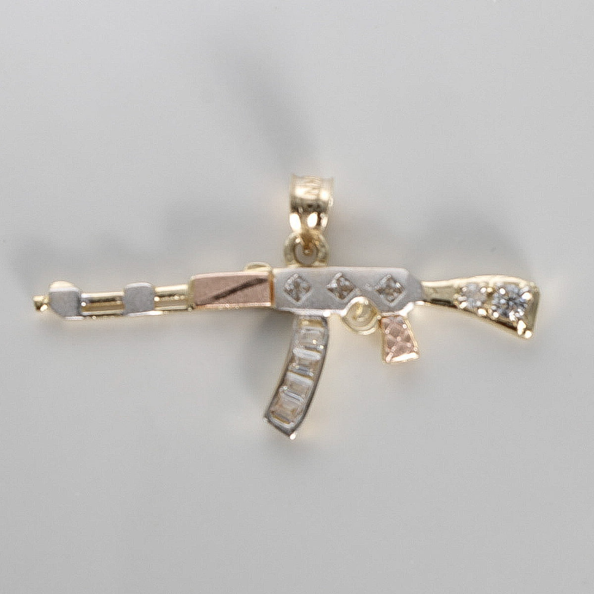 Gun Pendant cz, 14K Tri-Color Solid Gold