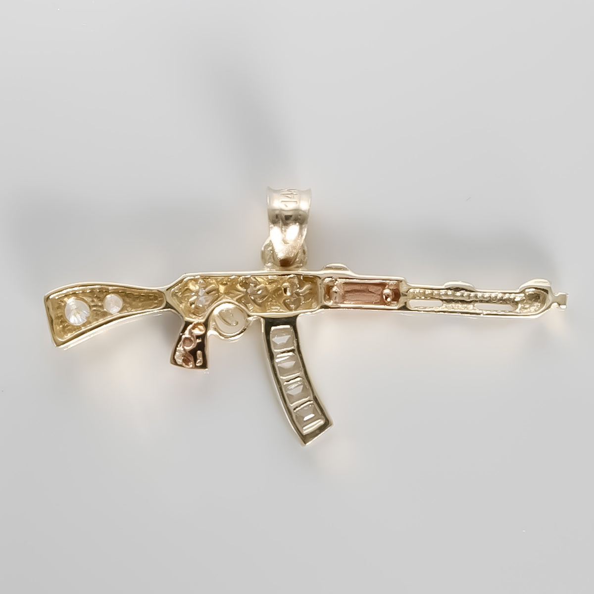 Gun Pendant cz, 14K Tri-Color Solid Gold