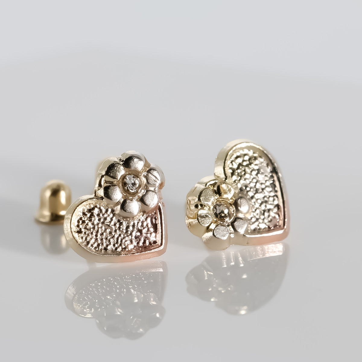 Heart Flower Earrings cz, 14k Tri-color Solid Gold