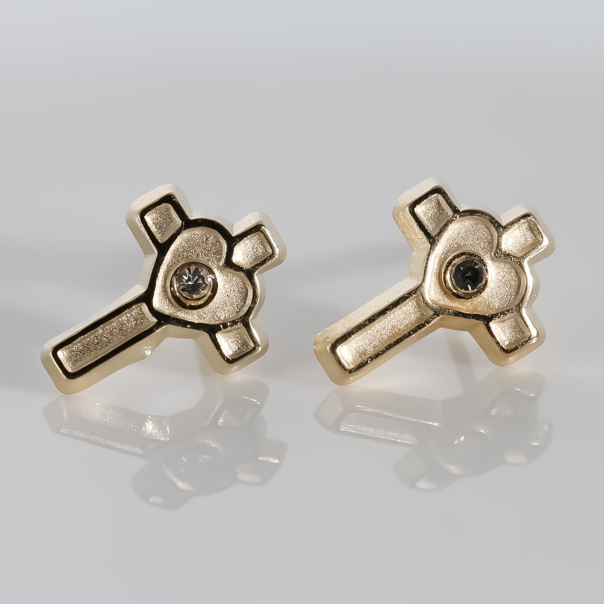 Cross Heart Earrings cz, 14K Solid Yellow Gold