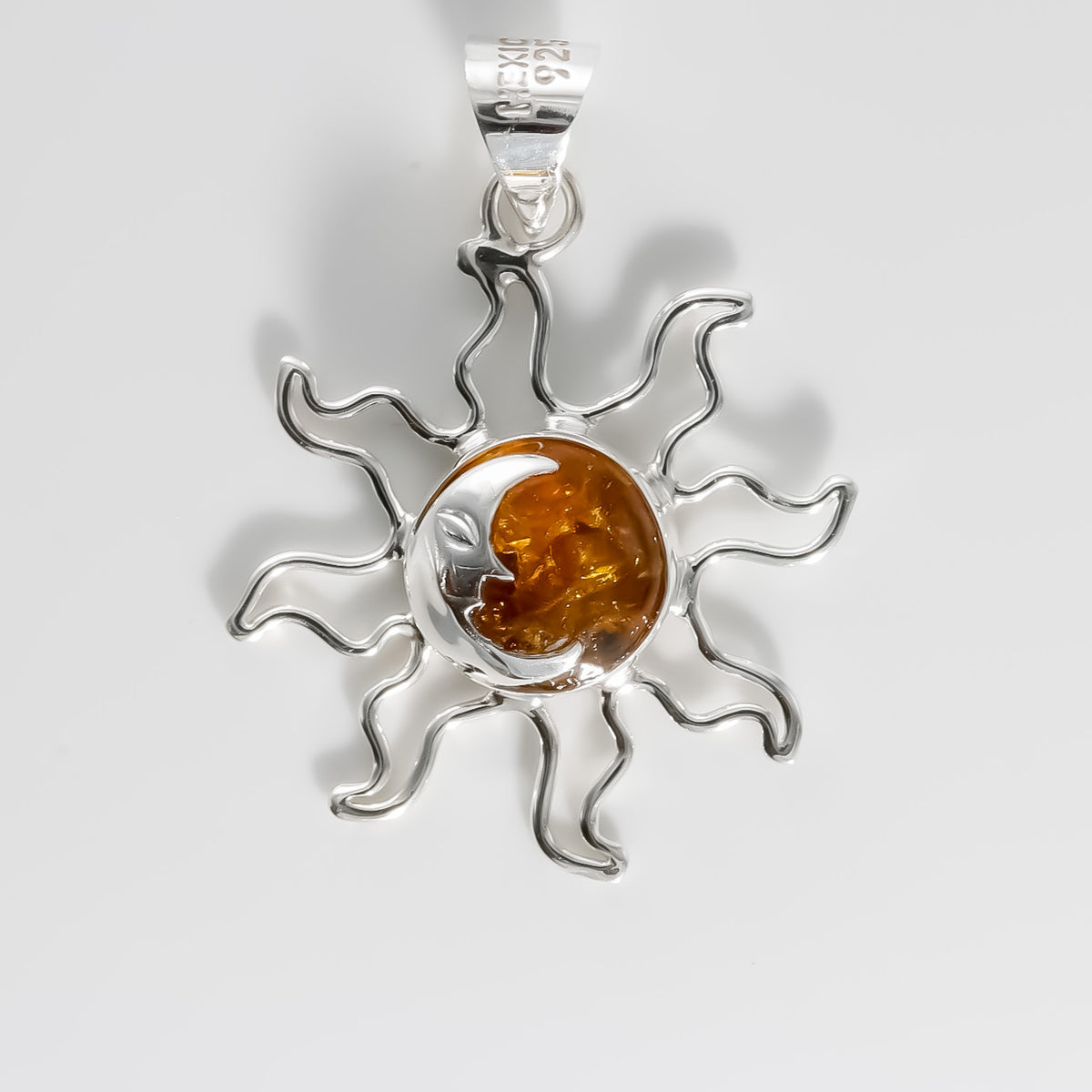 Baltic Amber Sun Elipse Pendant 19mm, 925 Sterling Silver