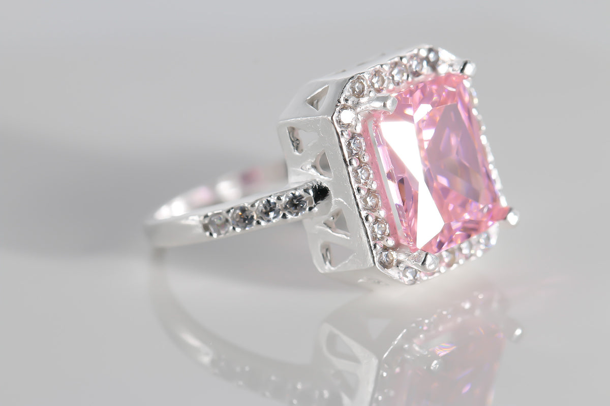 Pink Halo cz Ring, 925 Sterling Silver