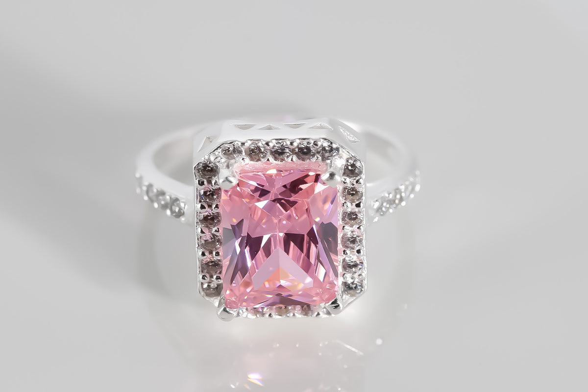 Pink Halo cz Ring, 925 Sterling Silver