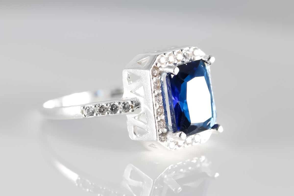 Emerald Cut Blue Sapphire cz, 925 Sterling Silver