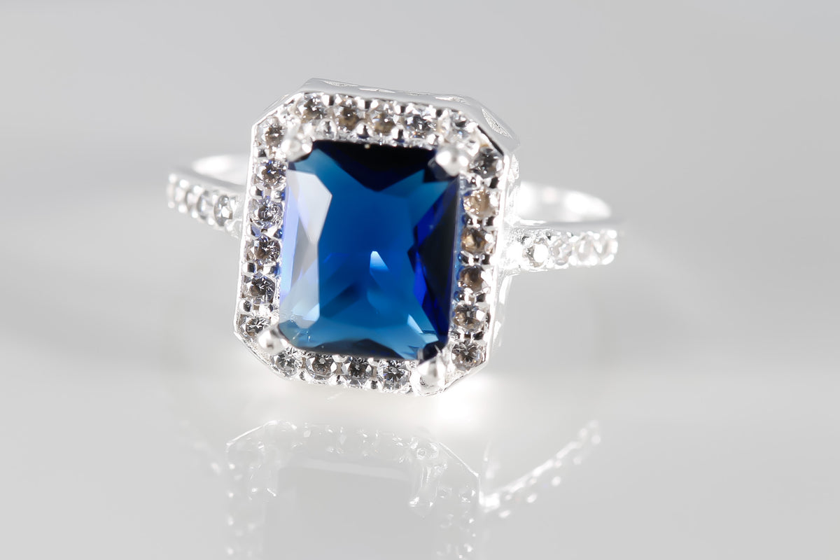 Emerald Cut Blue Sapphire cz, 925 Sterling Silver