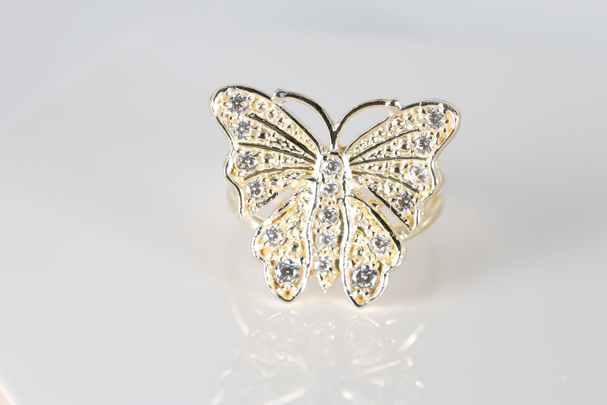 Butterfly cz Ring, 14K Solid Yellow Gold