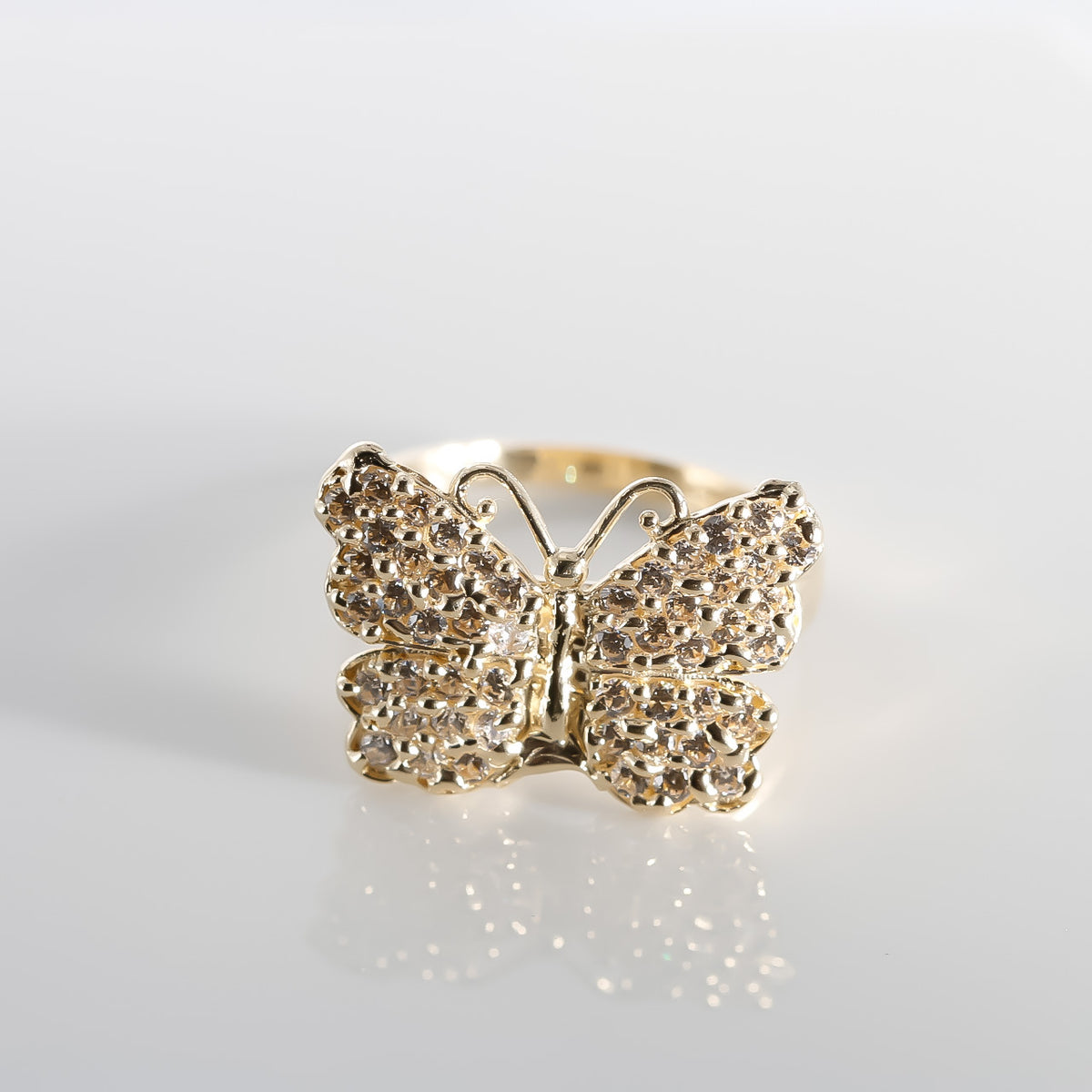 Shimmering Butterfly Ring cz, 14K Solid Yellow Gold