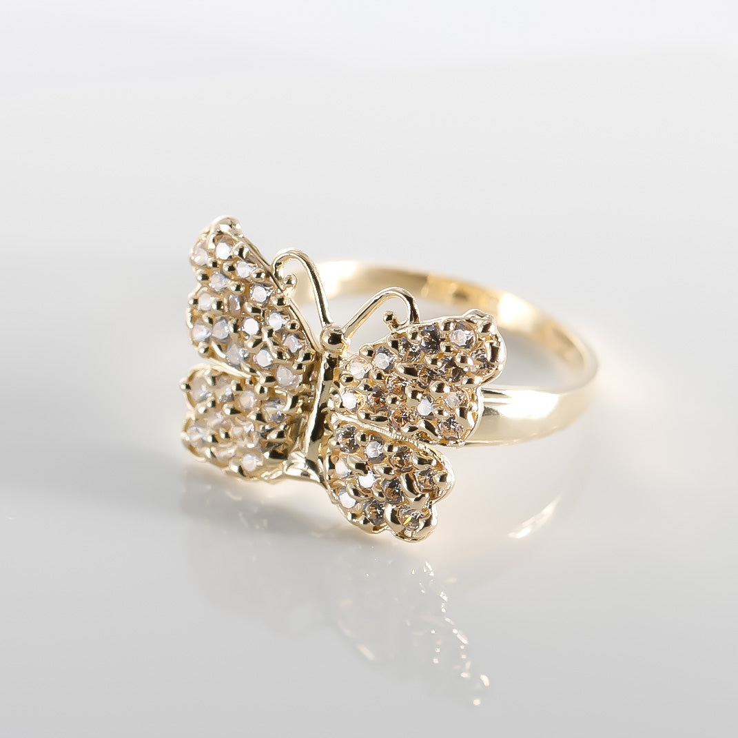 Shimmering Butterfly Ring cz, 14K Solid Yellow Gold