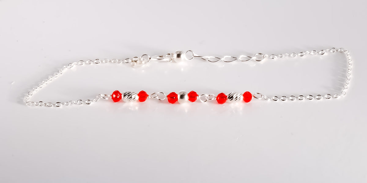 Red Beaded Bracelet, 925 Sterling Silver