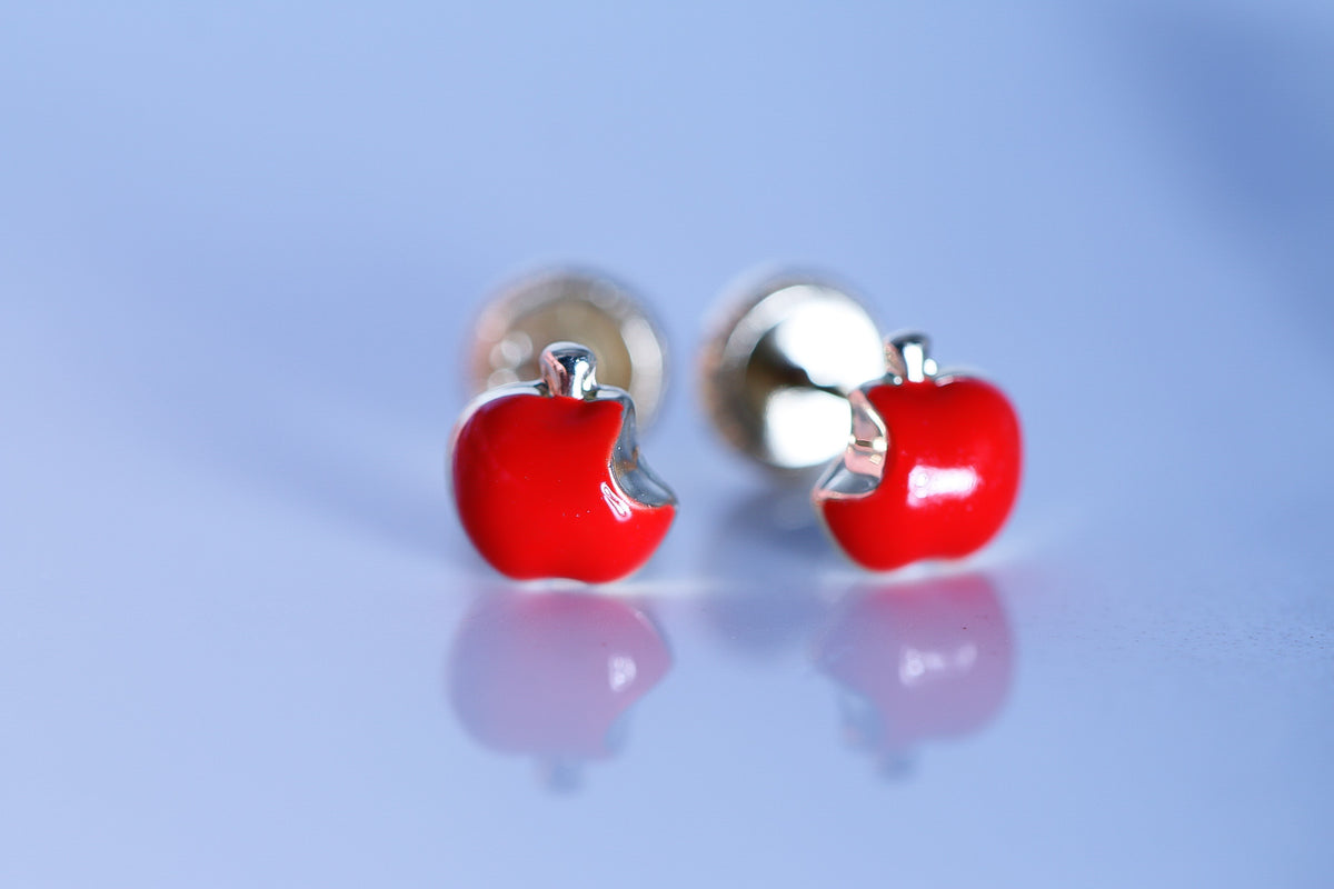 Red Apple Studs, 14k Solid Yellow Gold Earrings